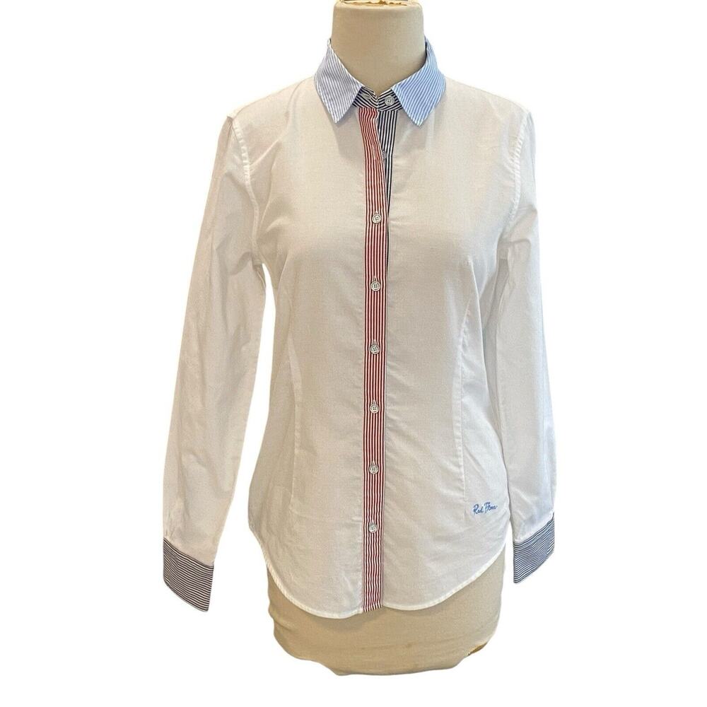 Brooks Brothers White Blouse with Blue and Red Accents